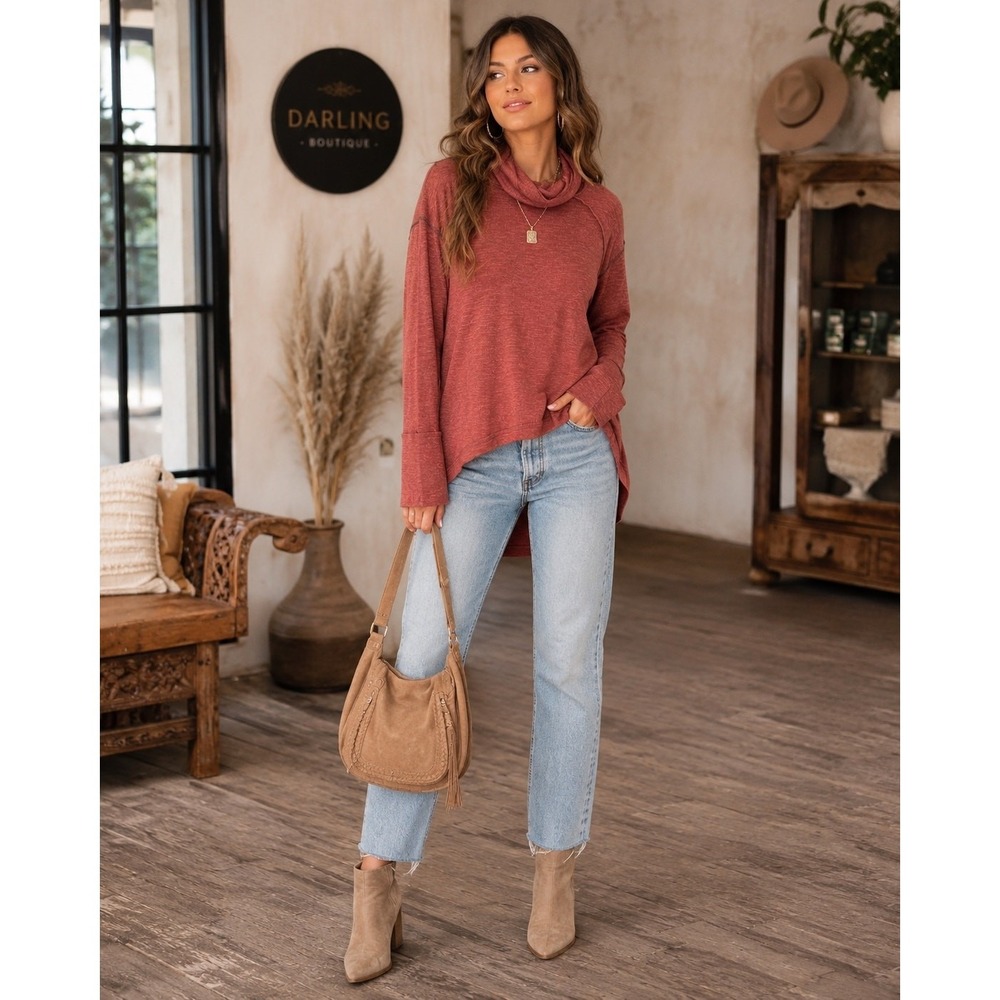 We The Free Cowl Neck Top Women Medium Red Split Back High Low Boho Knit